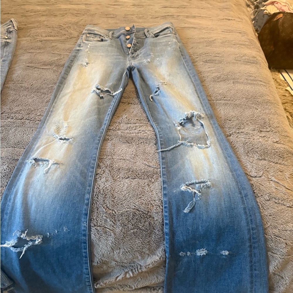 MOTHER Light Blue Distressed Wide-Leg Jeans